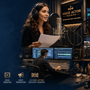 Professional voice artist recording in a studio during Voice Actor Training with microphone and audio equipment