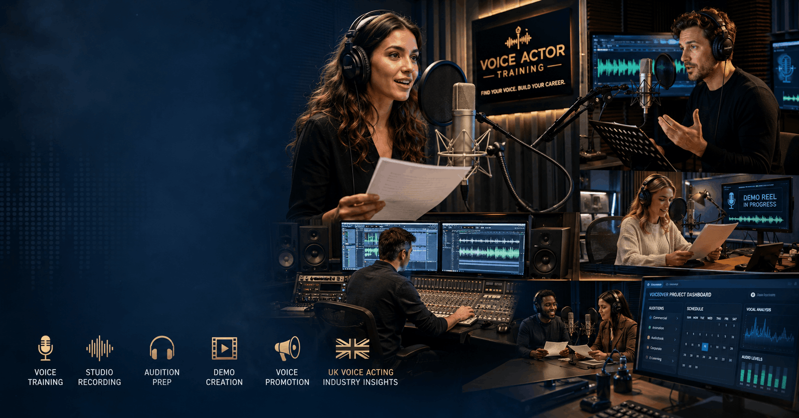 Professional voice artist recording in a studio during Voice Actor Training with microphone and audio equipment