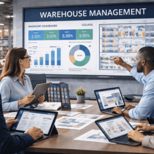 Warehouse Management Course image showing warehouse operations, inventory tracking systems, storage layouts, and material handling processes