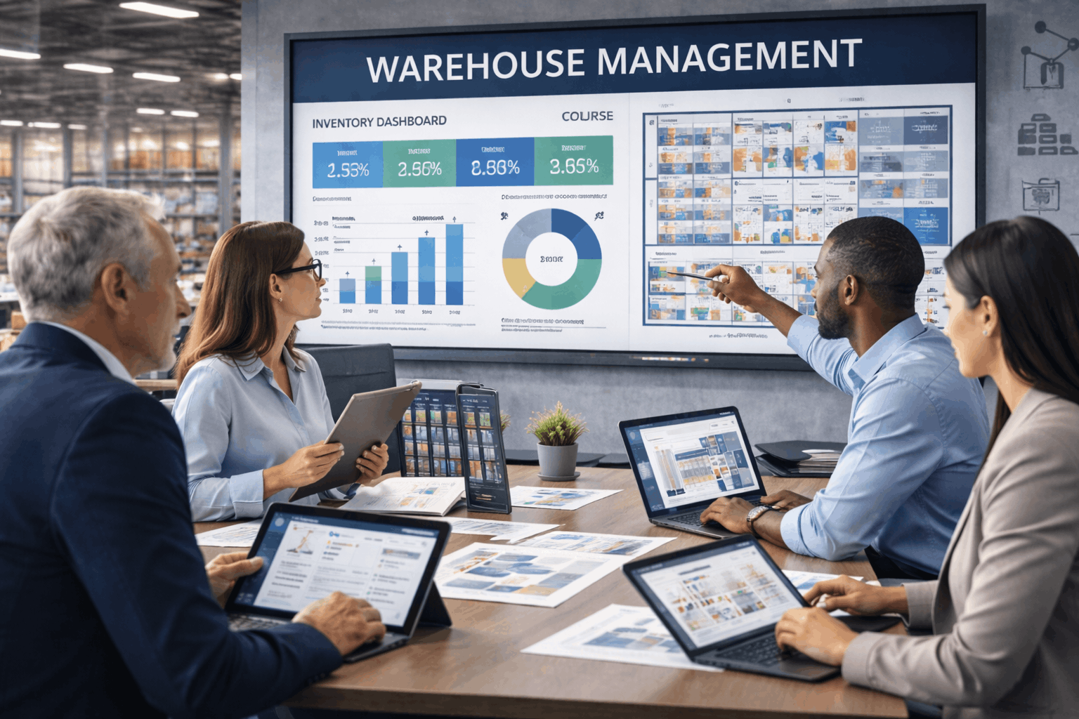 Warehouse Management Course image showing warehouse operations, inventory tracking systems, storage layouts, and material handling processes