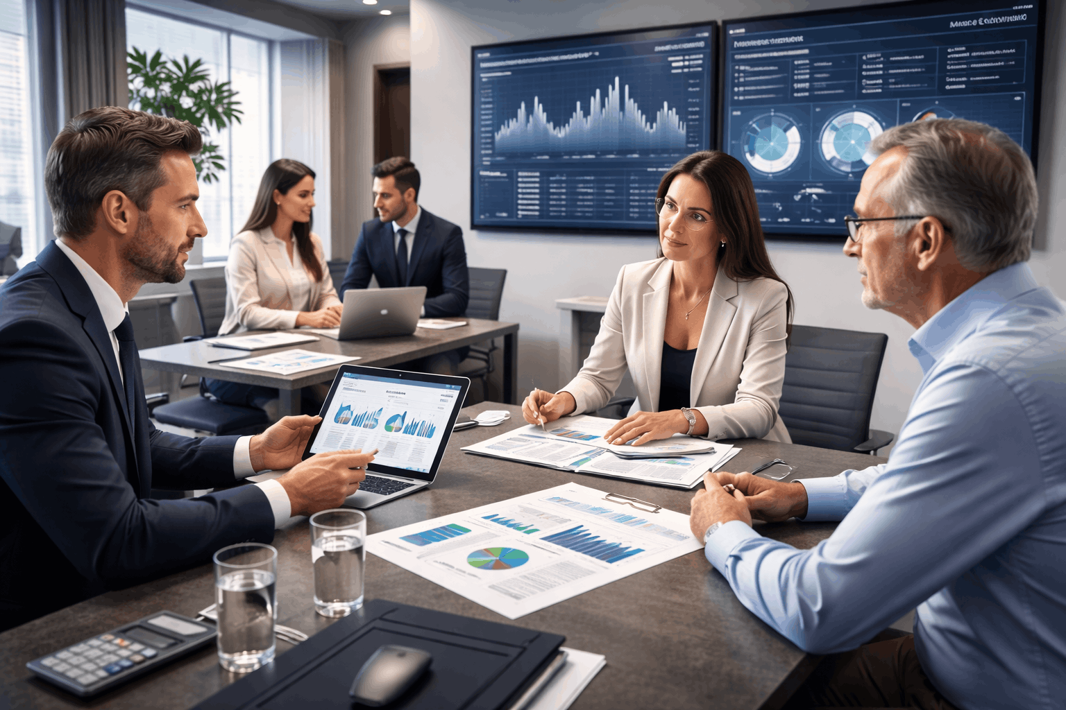 Wealth management diploma course showing financial analysis, portfolio planning, investment charts, and professional advisory setting