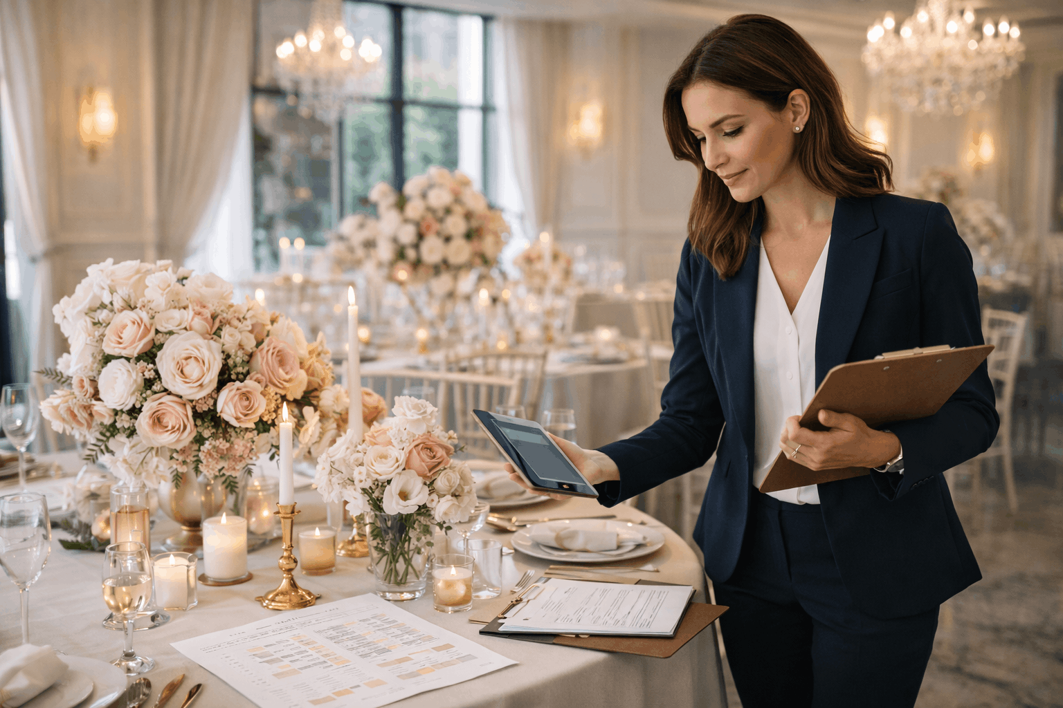 Wedding Planner Course showing a professional planner organising wedding details, schedules, and décor in an elegant venue setting.