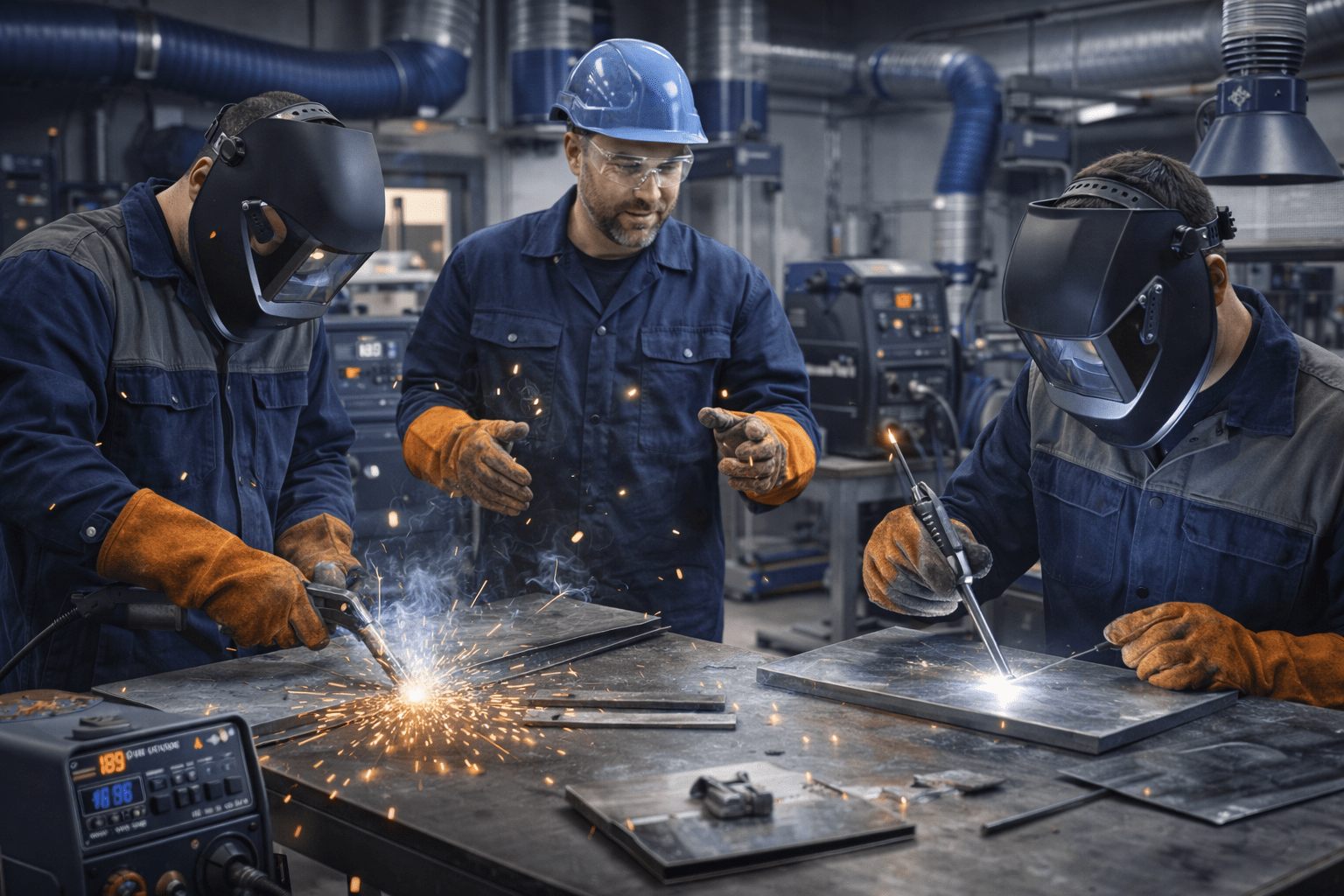 Welding training course showing a professional welder using MIG and TIG welding on metal in a modern workshop
