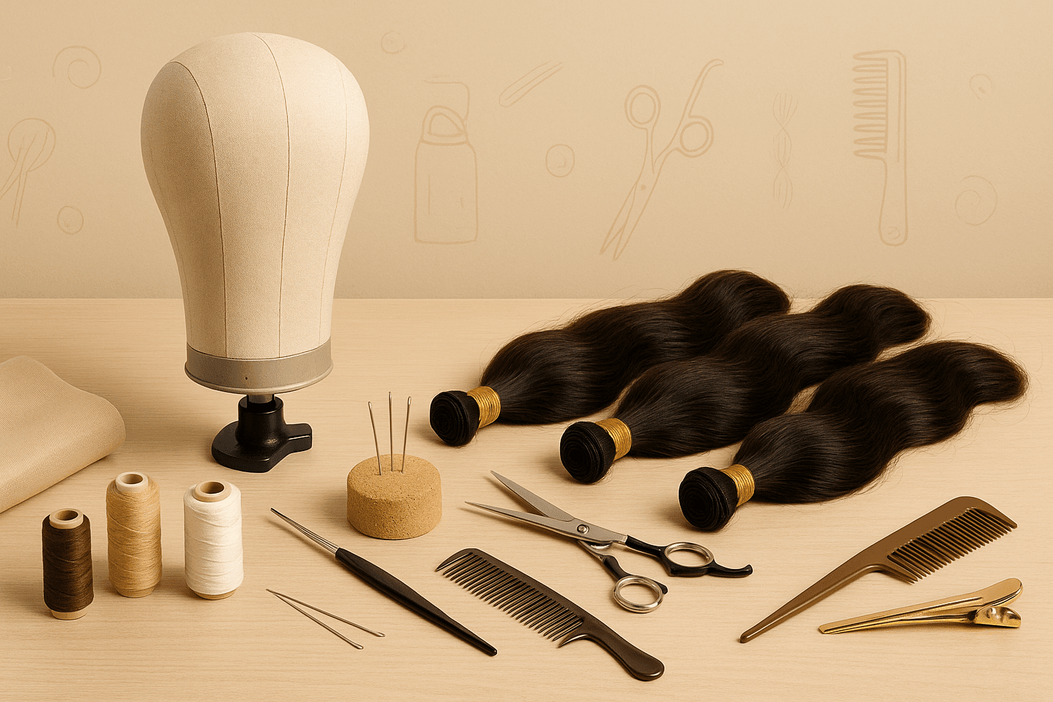 Wig making course banner showing tools, wig stand, hair bundles and styling equipment on a clean workspace.