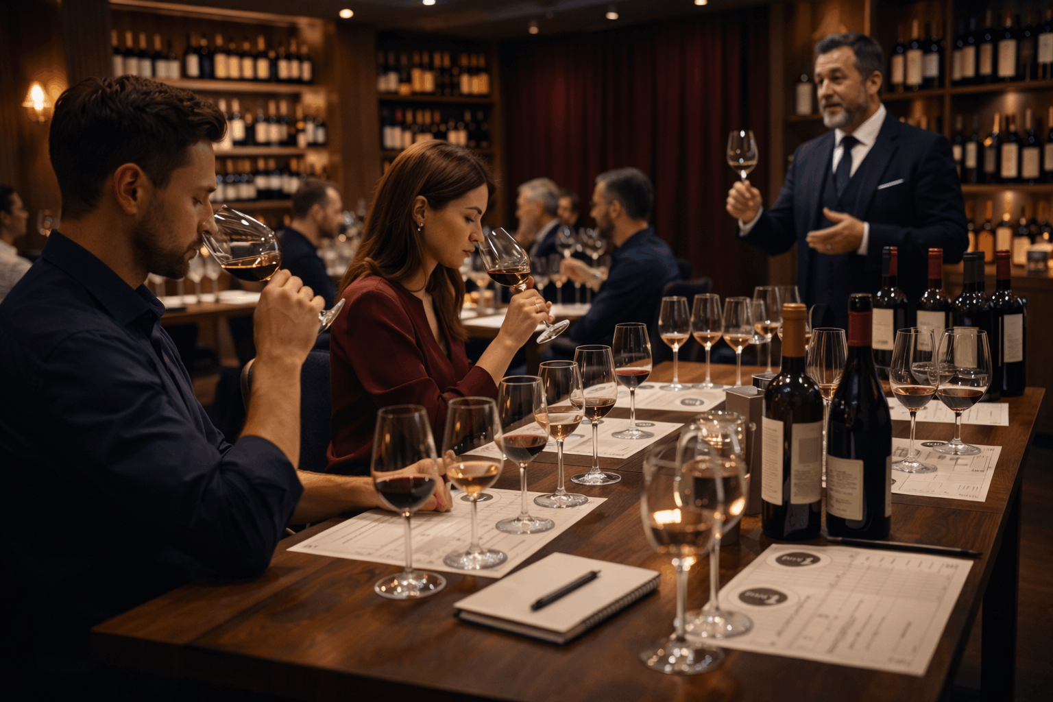 Professional wine tasting session analysing aromas and structure in a Wine Tasting Diploma Level 3 training environment