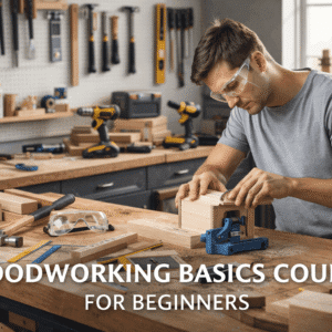 Woodworking Basics Course showing beginner woodworker using hand and power tools safely in a well-organised workshop.