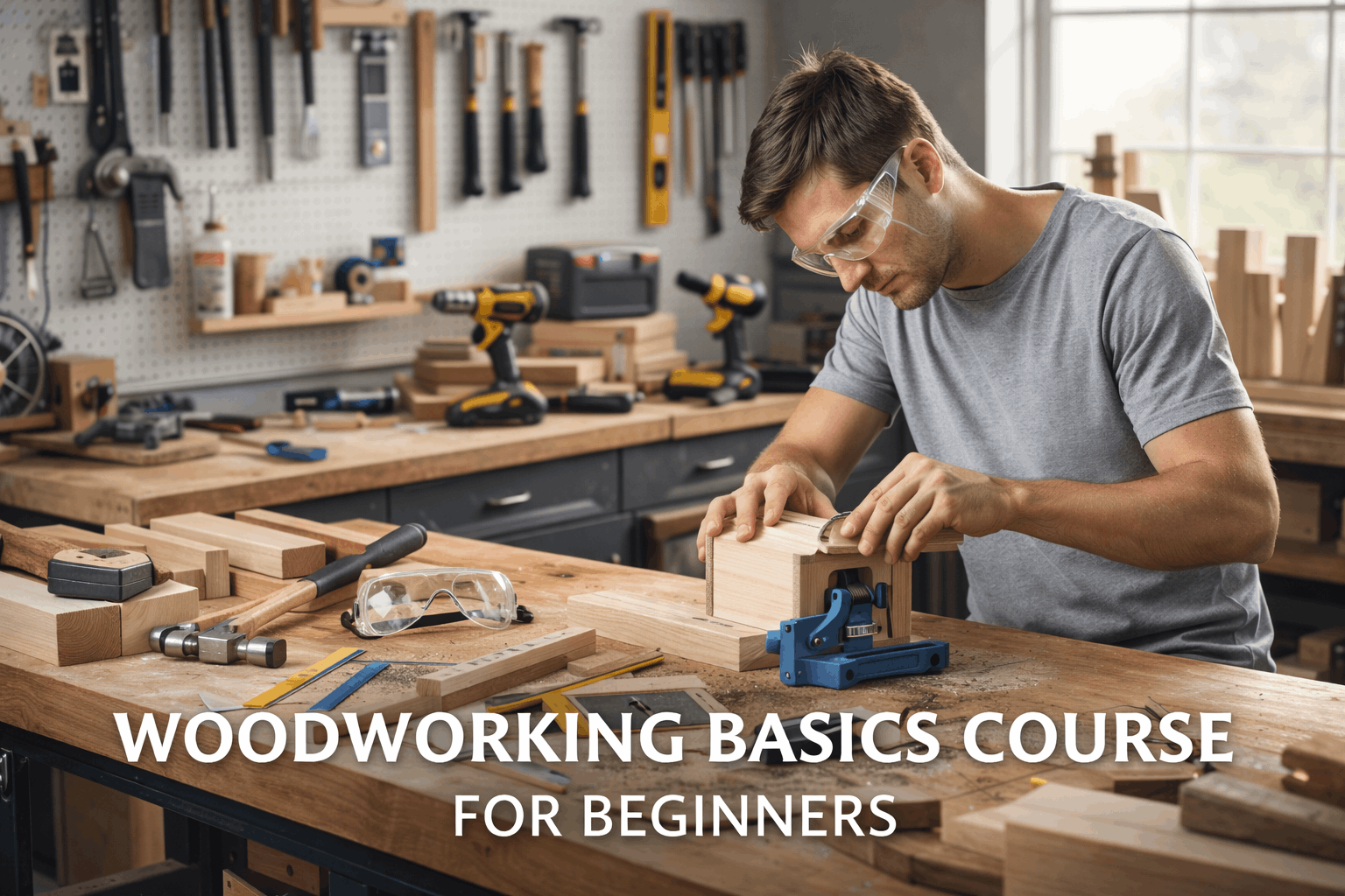 Woodworking Basics Course showing beginner woodworker using hand and power tools safely in a well-organised workshop.