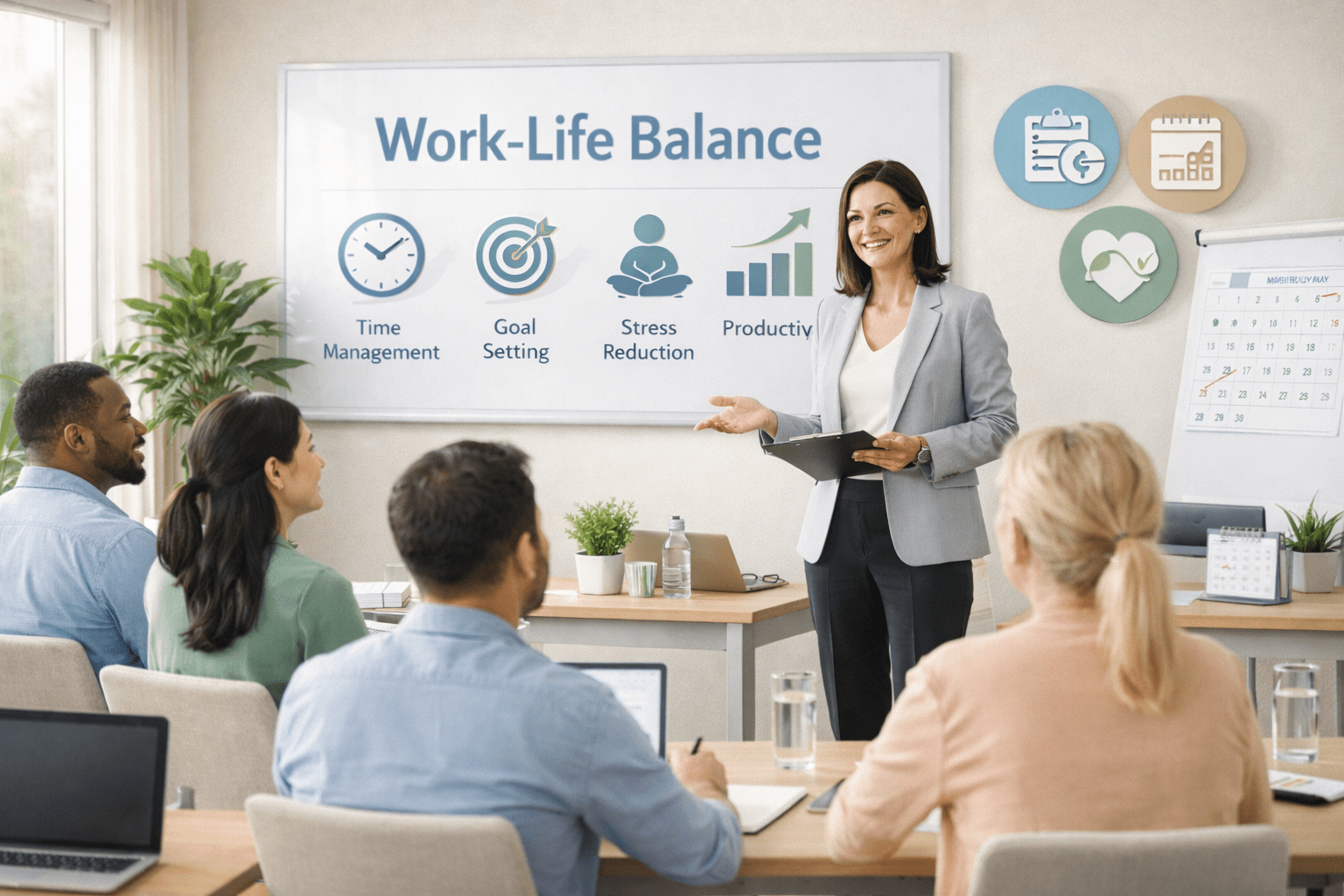 Work life balance training showing professionals learning time management, goal setting and healthy work habits in a modern classroom