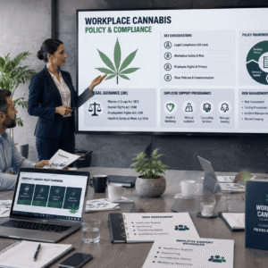 HR manager discussing workplace cannabis training policies and employee wellbeing in a professional office