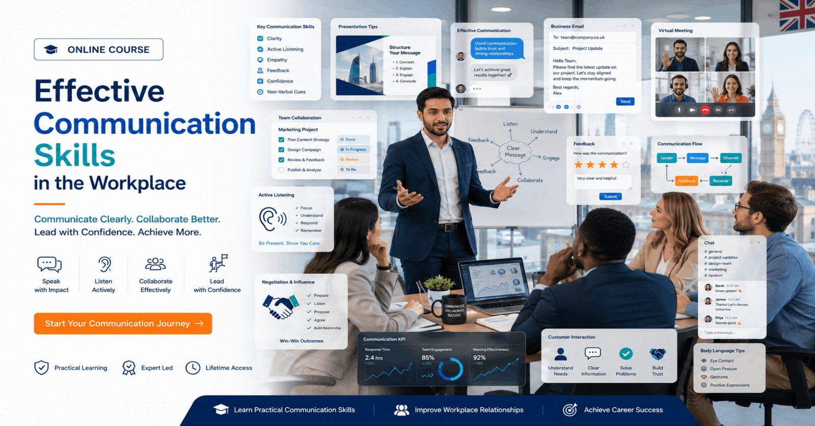 Professional Workplace Communication Skills course featuring teamwork, presentations, business meetings, and digital collaboration.
