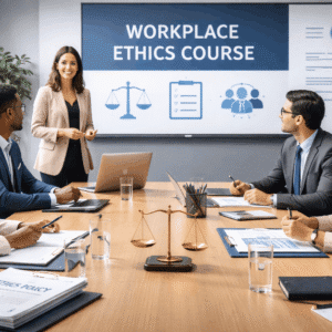 Professional office scene representing a workplace ethics course focused on ethical behaviour, teamwork, and responsible decision-making
