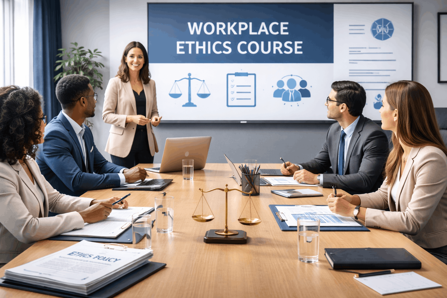 Professional office scene representing a workplace ethics course focused on ethical behaviour, teamwork, and responsible decision-making