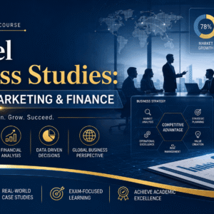 Educational banner for A Level Business Studies covering strategy, marketing, finance, leadership, and business growth