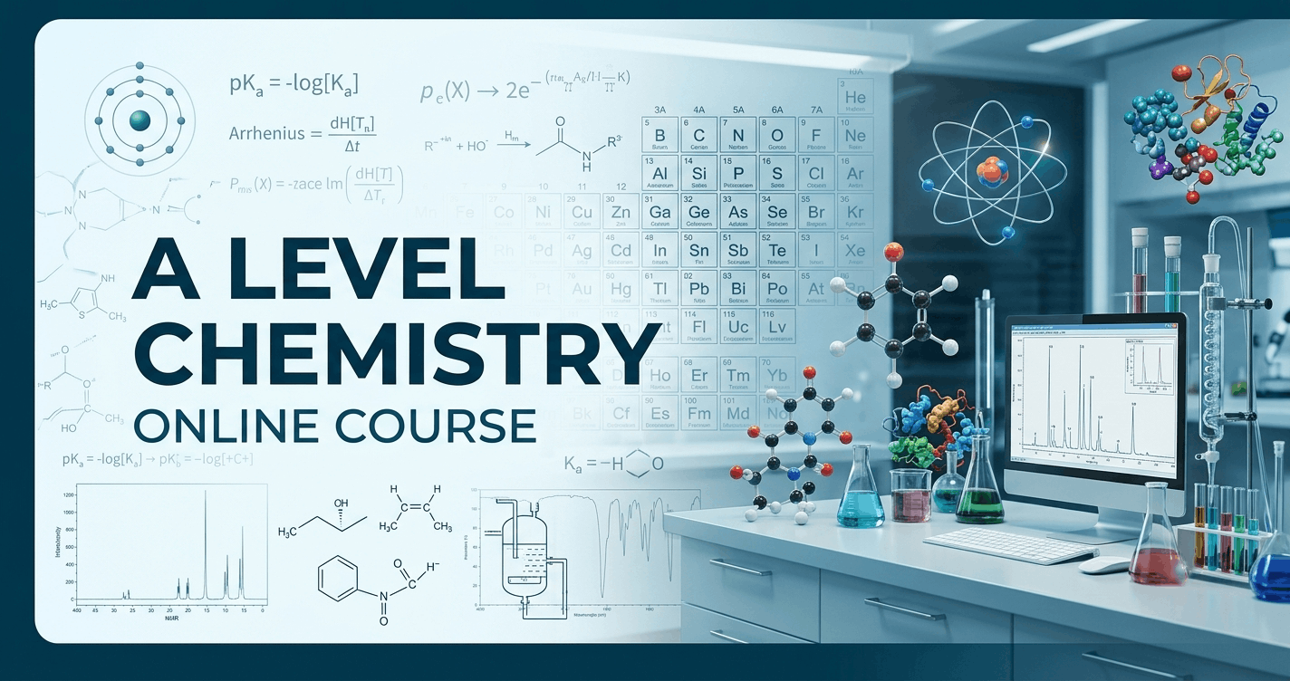 A Level Chemistry course banner featuring molecules, lab equipment, chemical reactions, and analytical chemistry concepts