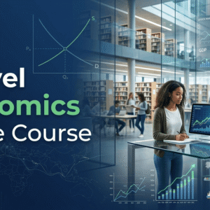 A Level Economics course banner featuring market graphs, economic charts, global trade, and financial analysis concepts