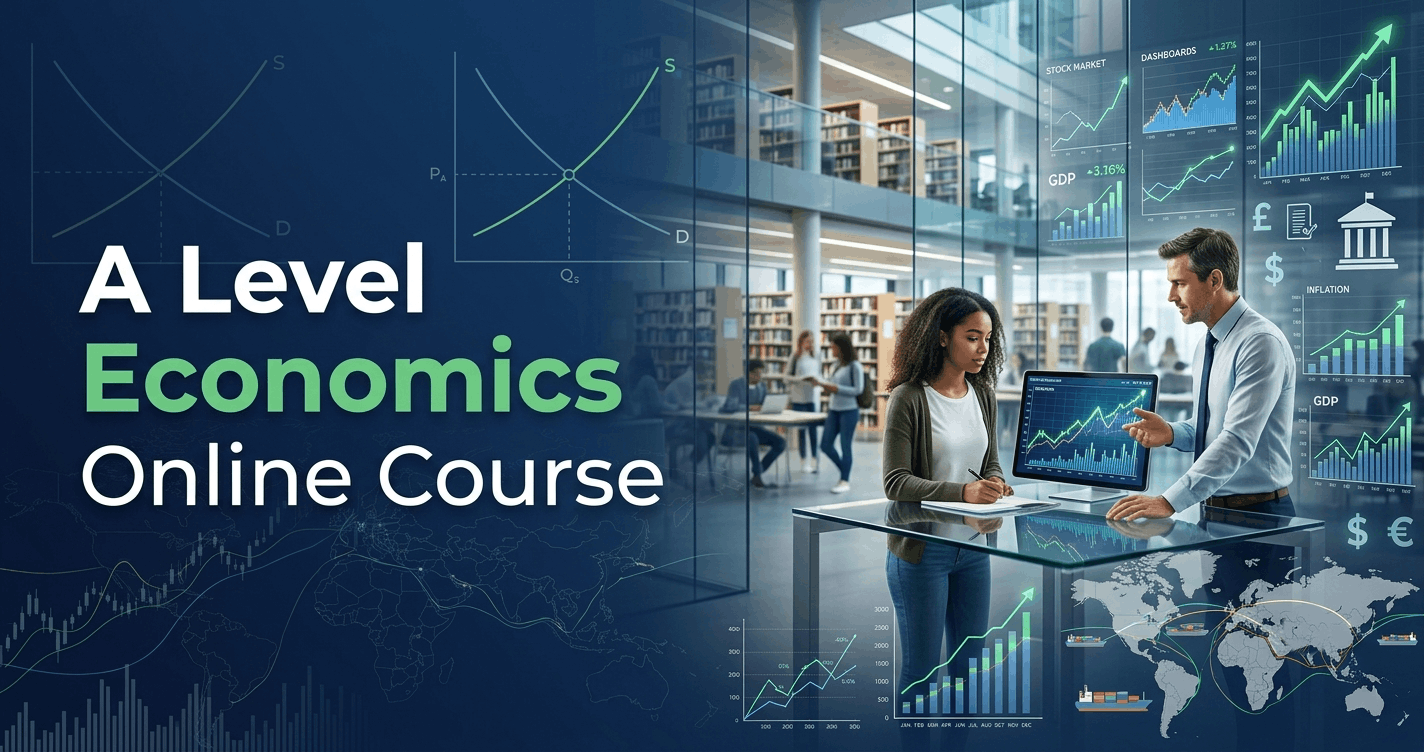 A Level Economics course banner featuring market graphs, economic charts, global trade, and financial analysis concepts
