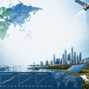 A Level Geography course banner featuring climate systems, urban cities, maps, and global environmental challenges