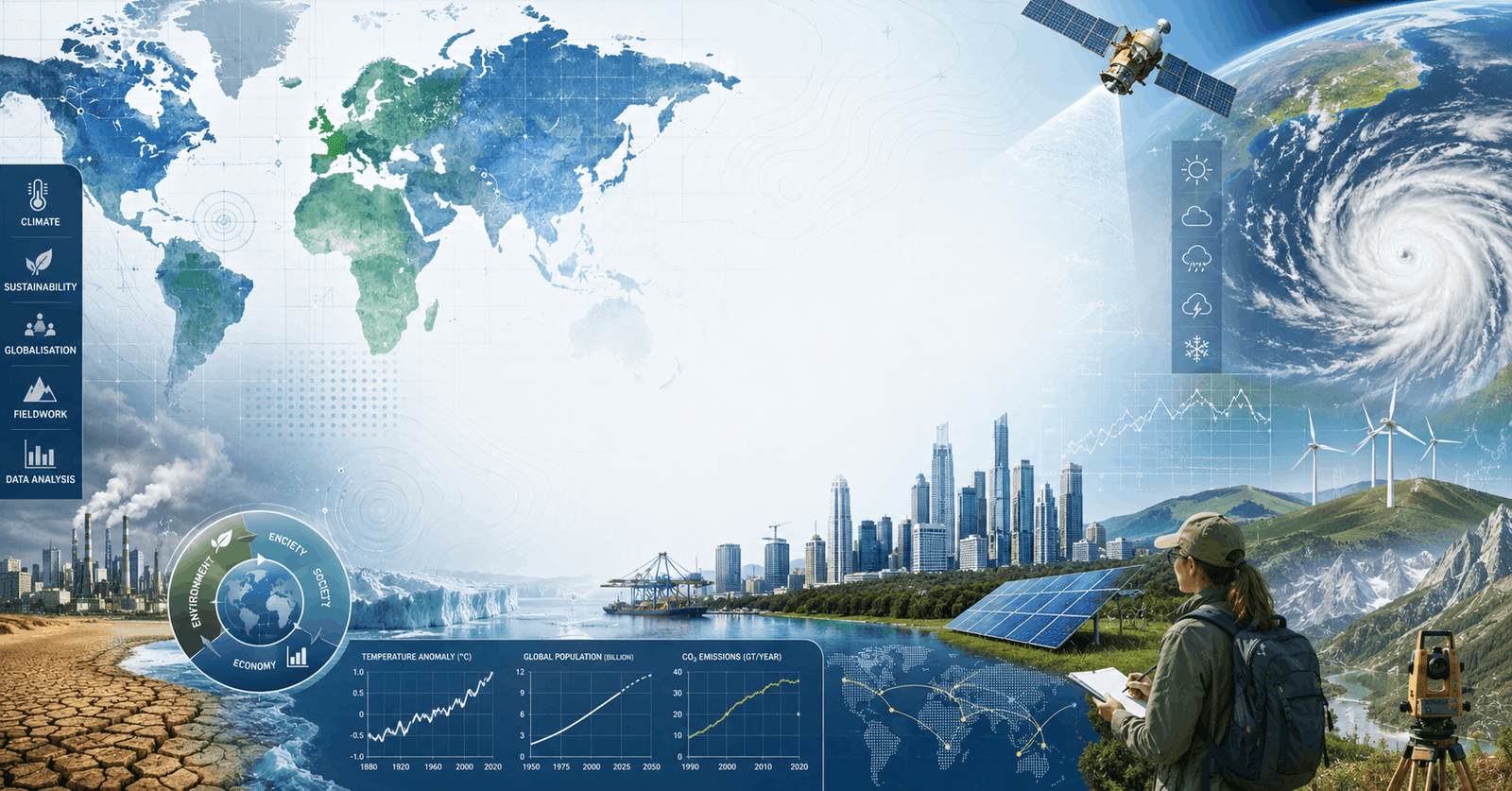 A Level Geography course banner featuring climate systems, urban cities, maps, and global environmental challenges