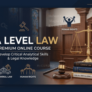 A Level Law course banner featuring legal books, scales of justice, courtroom, and law concepts for students