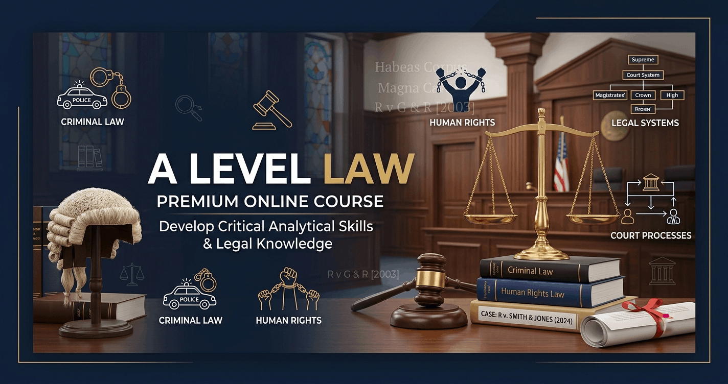 A Level Law course banner featuring legal books, scales of justice, courtroom, and law concepts for students