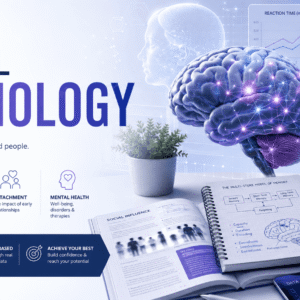 A Level Psychology course banner showing brain, memory, research charts, and psychology concepts for exam success