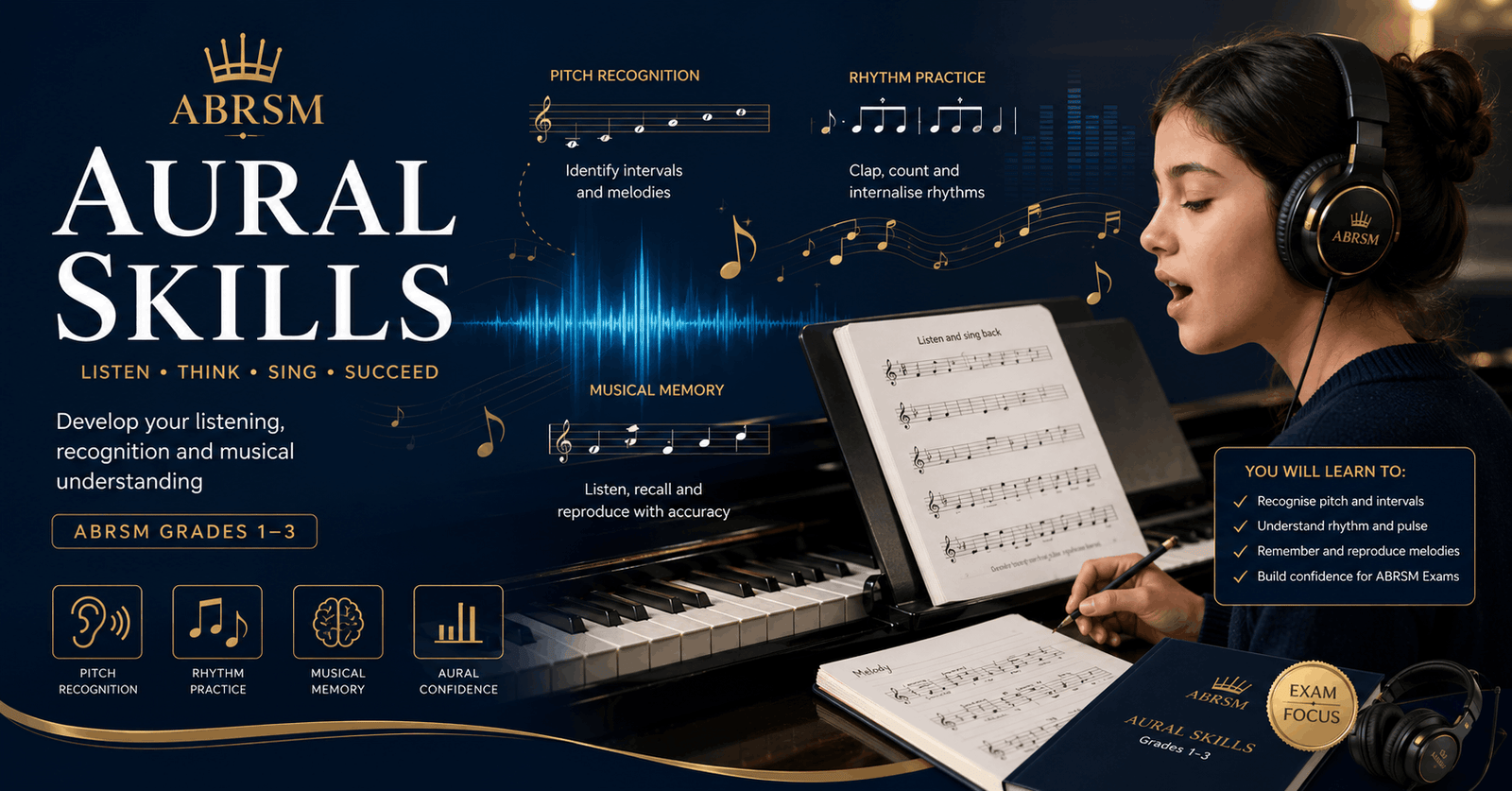 Student practising ABRSM Aural Skills through listening, singing and musical memory exercises
