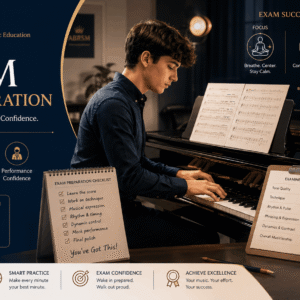 Student preparing for ABRSM Exam Preparation with piano, music sheets, and performance confidence training in practice session