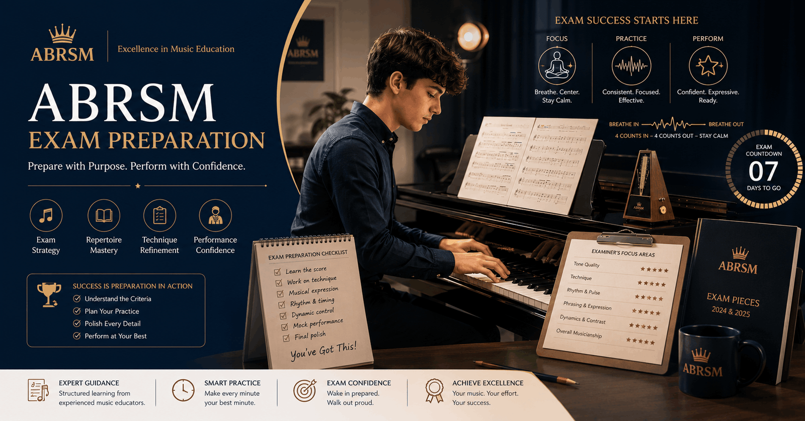 Student preparing for ABRSM Exam Preparation with piano, music sheets, and performance confidence training in practice session