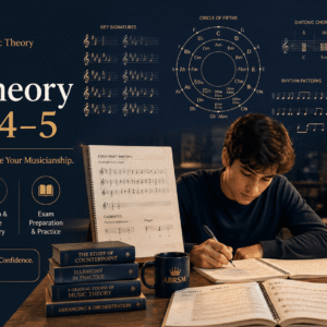 Student studying ABRSM Music Theory with chords, harmony, and composition exercises on sheet music and piano keyboard