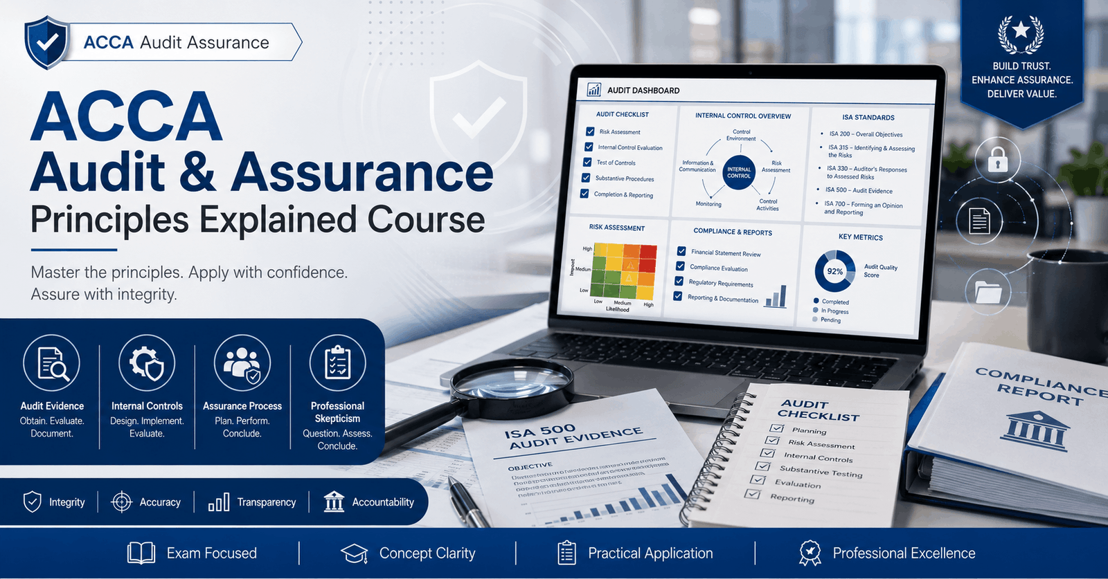 ACCA Audit Assurance course covering audit planning, risk assessment, evidence, reporting and ISA standards
