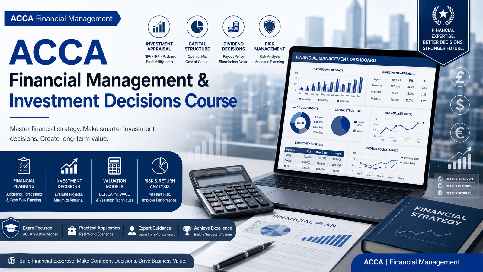 ACCA Financial Management course covering investment appraisal, WACC, capital structure, valuation and risk management