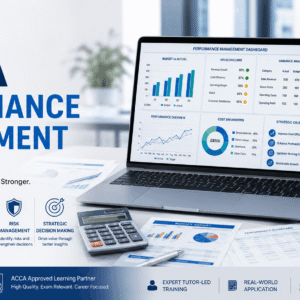 ACCA Performance Management course illustration showing budgeting, costing, KPIs, variance analysis and exam strategy concepts