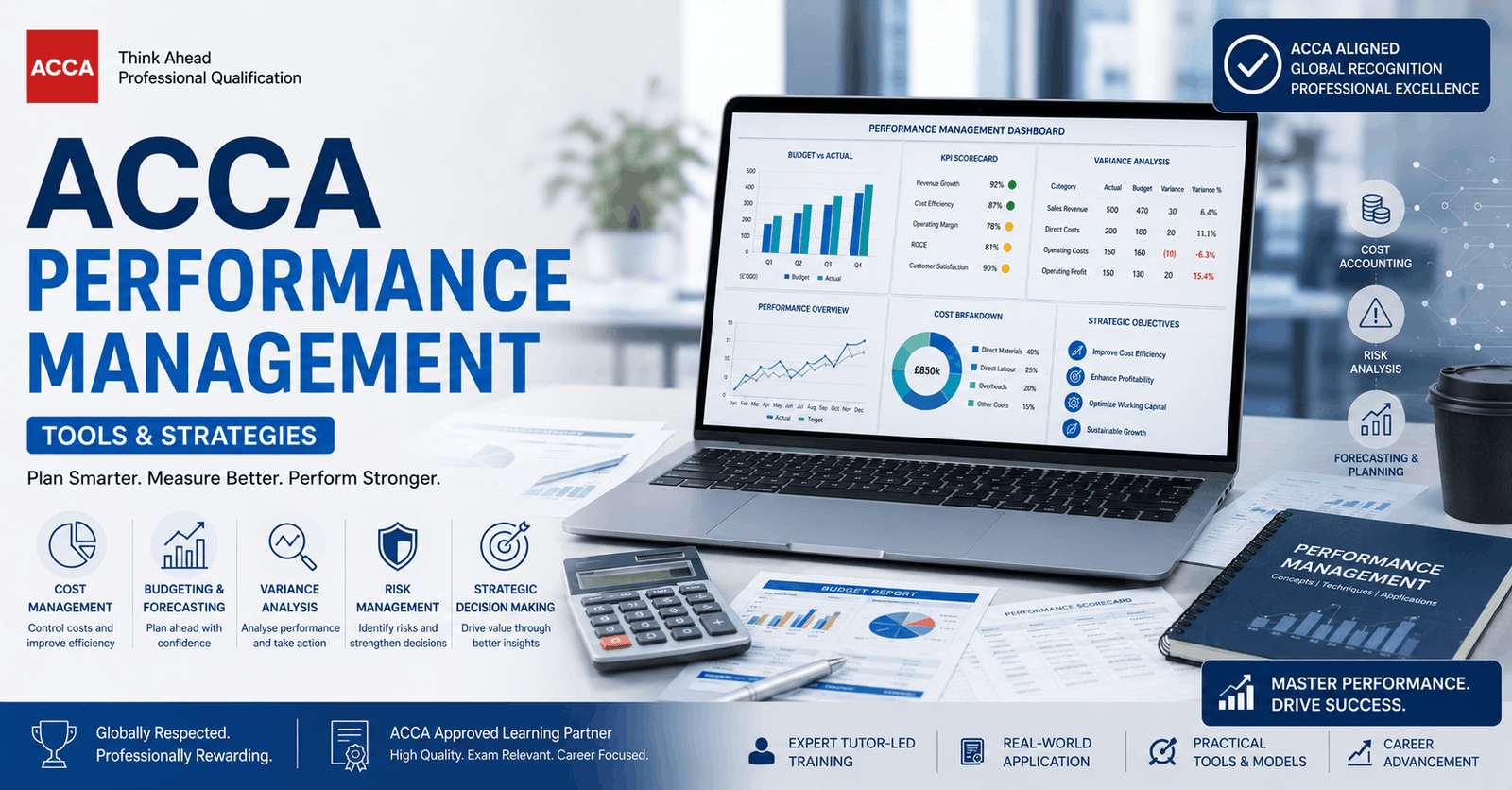 ACCA Performance Management course illustration showing budgeting, costing, KPIs, variance analysis and exam strategy concepts
