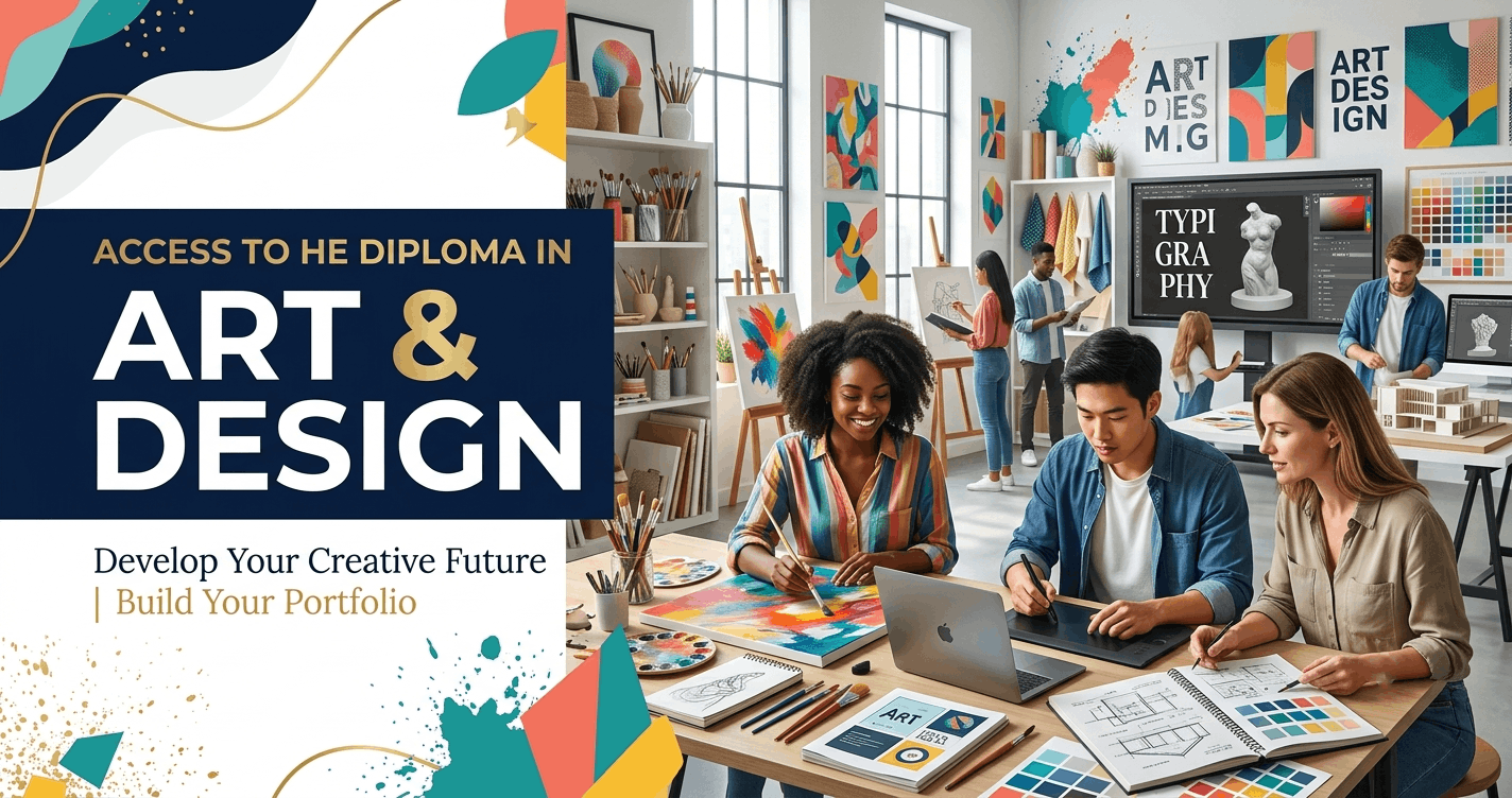 Access to HE Art Design diploma banner showing creative design, drawing and digital art concepts