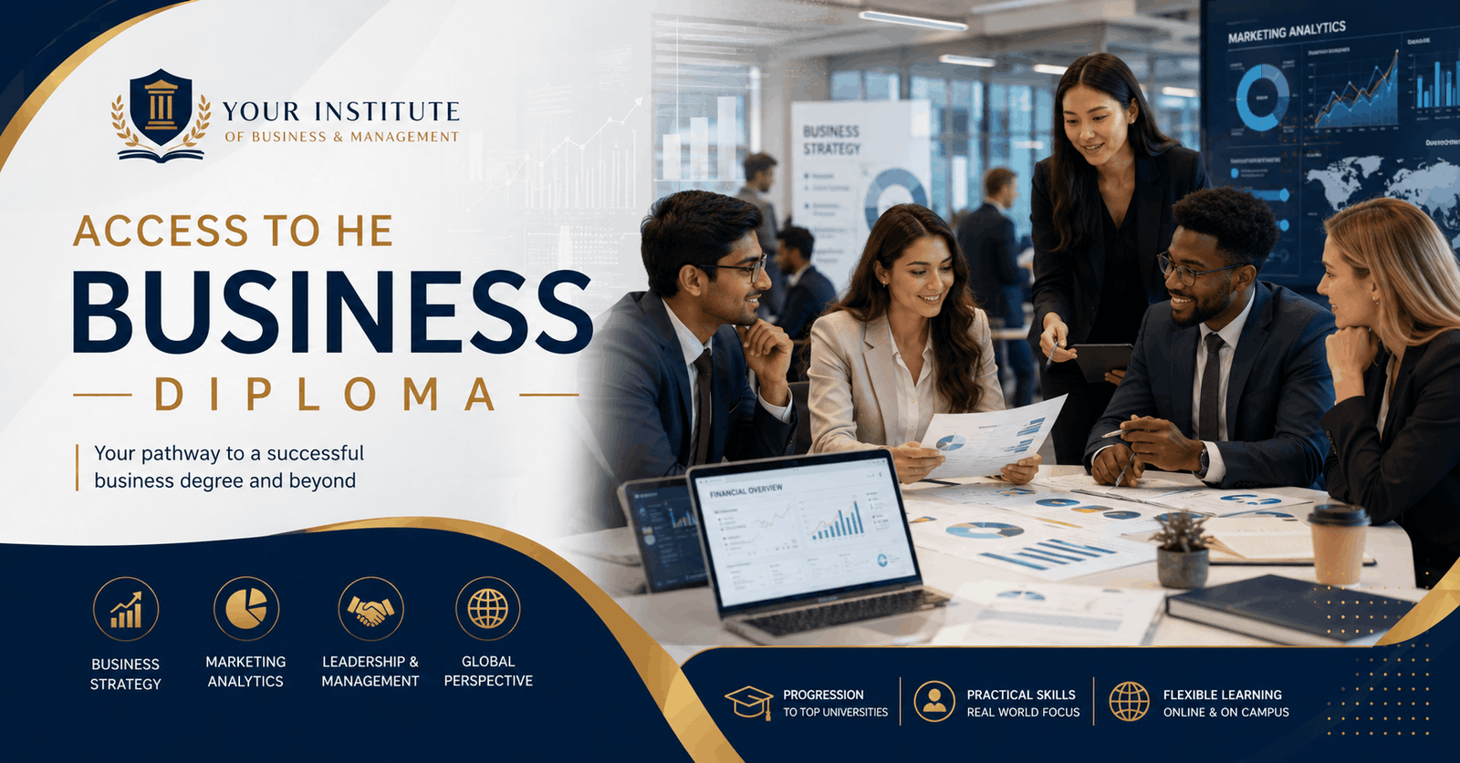 Access to HE Business diploma course banner showing business, management and marketing learning concepts