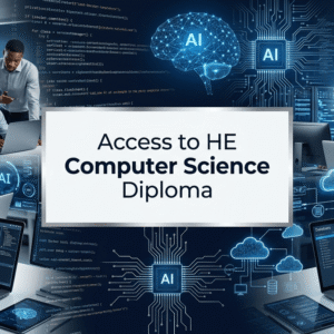 Access to HE Computer Science diploma banner showing coding, cybersecurity and digital technology concepts
