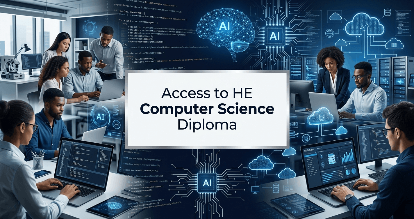 Access to HE Computer Science diploma banner showing coding, cybersecurity and digital technology concepts