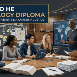 Access to HE Criminology diploma banner featuring justice, social science and crime investigation concepts