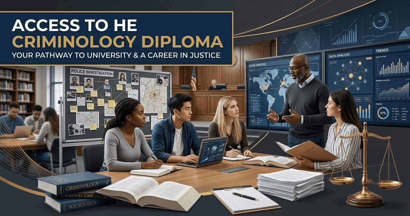 Access to HE Criminology diploma banner featuring justice, social science and crime investigation concepts
