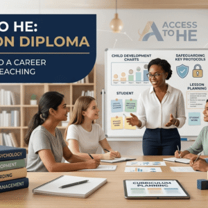 Access to HE Education diploma banner showing teaching, childhood learning and educational development concepts