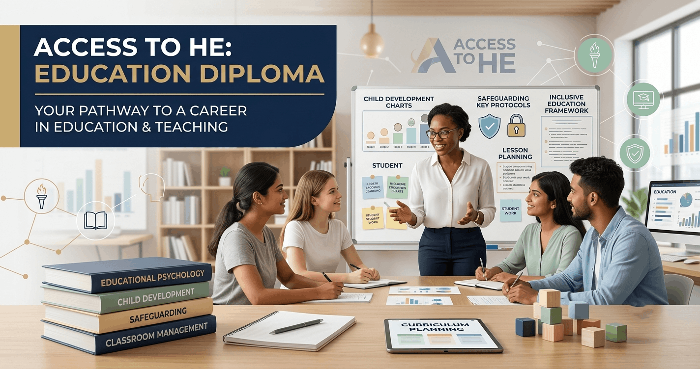 Access to HE Education diploma banner showing teaching, childhood learning and educational development concepts