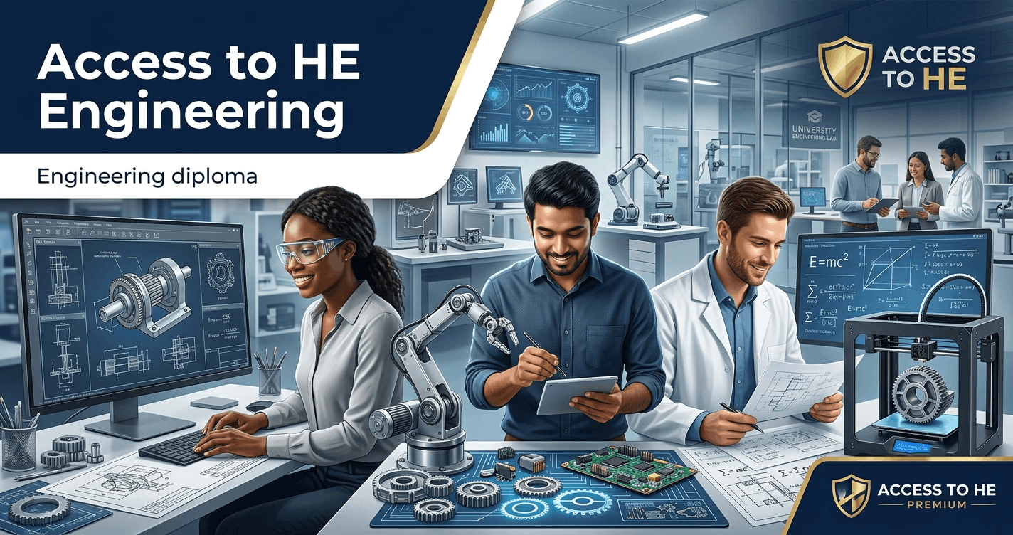 Access to HE Engineering diploma banner showing engineering design, technology and STEM learning concepts