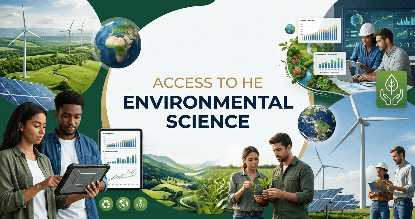 Access to HE Environmental Science diploma banner showing sustainability and climate science concepts