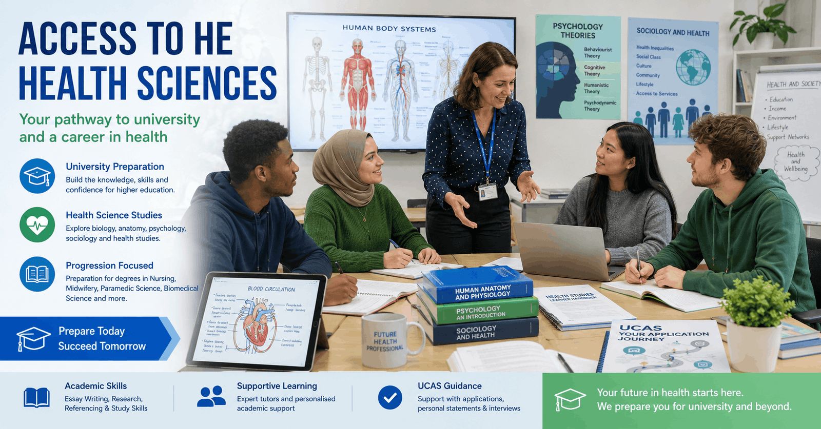 Students studying biology and healthcare topics in Access to HE Health Sciences diploma classroom environment