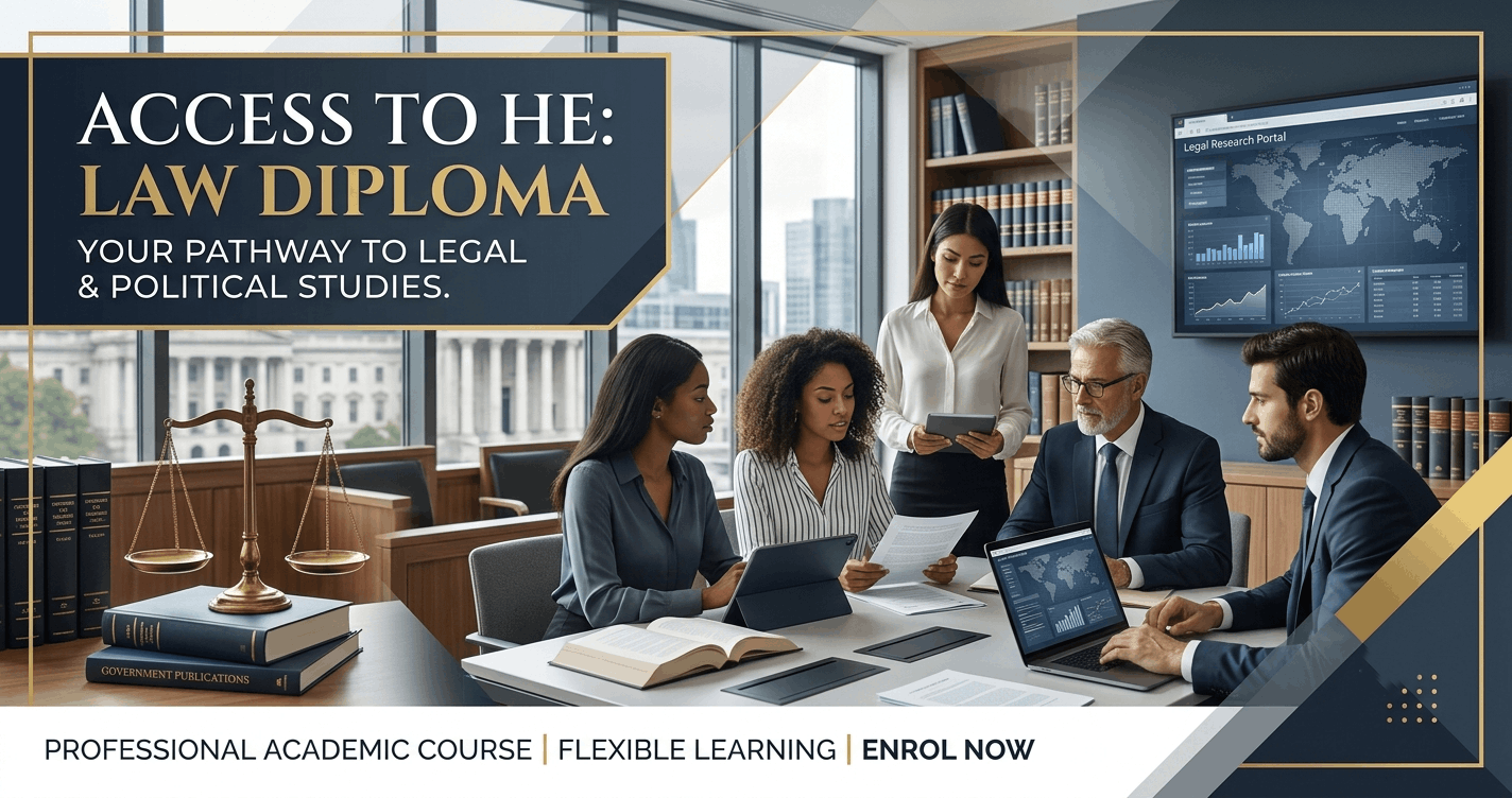 Access to HE Law diploma banner showing legal studies, politics and justice concepts