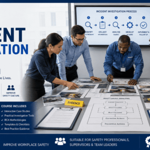 Accident investigation training showing workplace investigation team reviewing incident evidence and safety reports in office setting