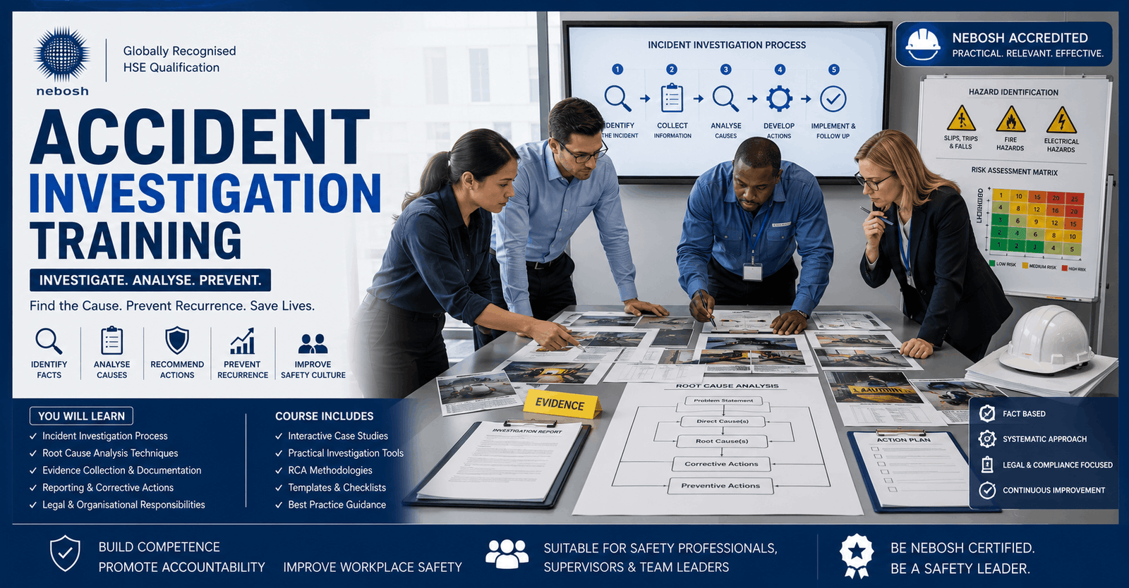 Accident investigation training showing workplace investigation team reviewing incident evidence and safety reports in office setting