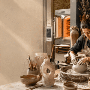 Advanced Ceramics Diploma student crafting ceramic pottery with wheel, kiln, and glazing tools in a professional studio