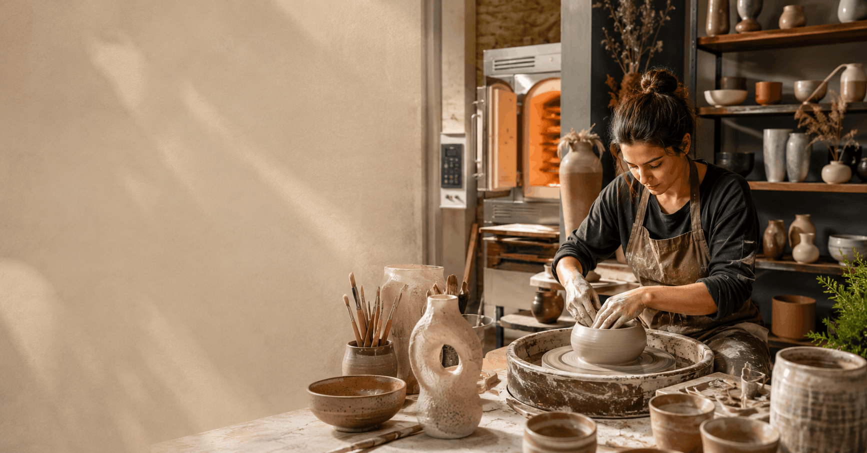 Advanced Ceramics Diploma student crafting ceramic pottery with wheel, kiln, and glazing tools in a professional studio