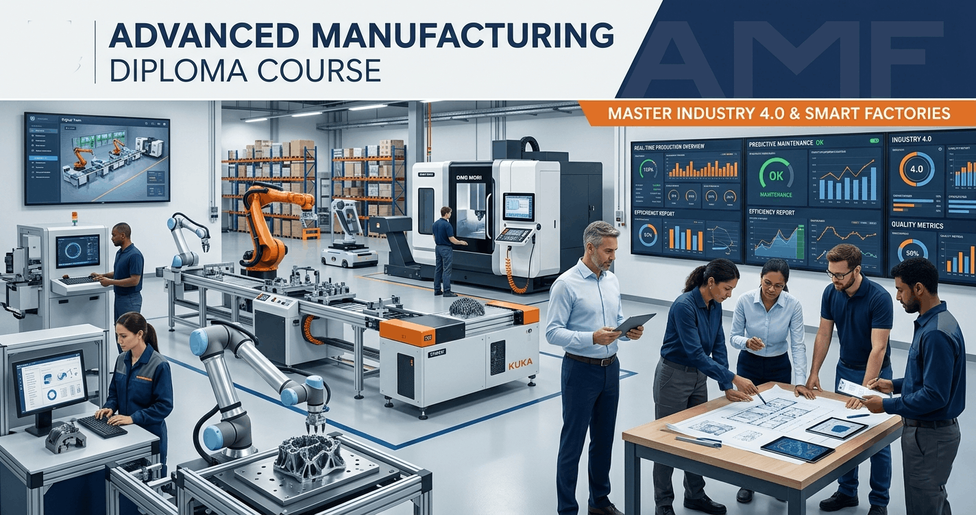 Engineers and manufacturing professionals using robotics and automation in an Advanced Manufacturing Diploma environment